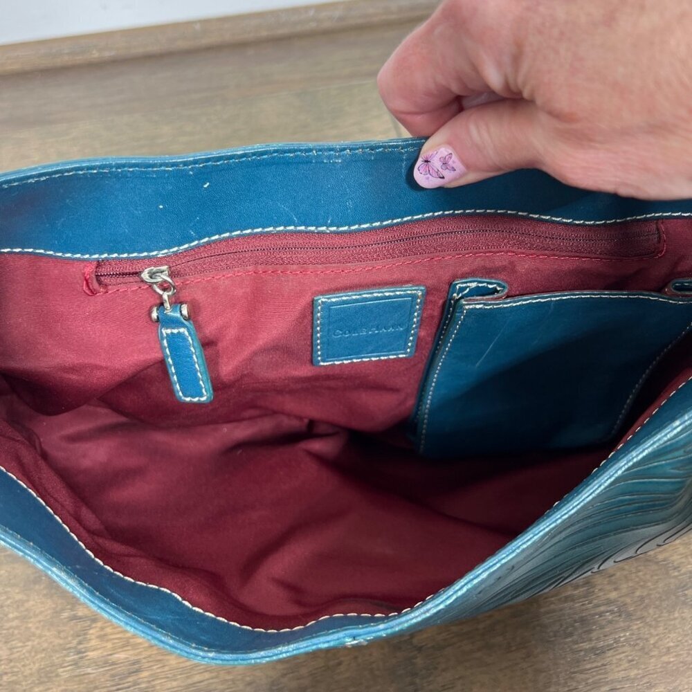 VINTAGE COLE HAAN Hand Tooled Leather Hobo Shoulder Bag Teal Green - Picture 10 of 11